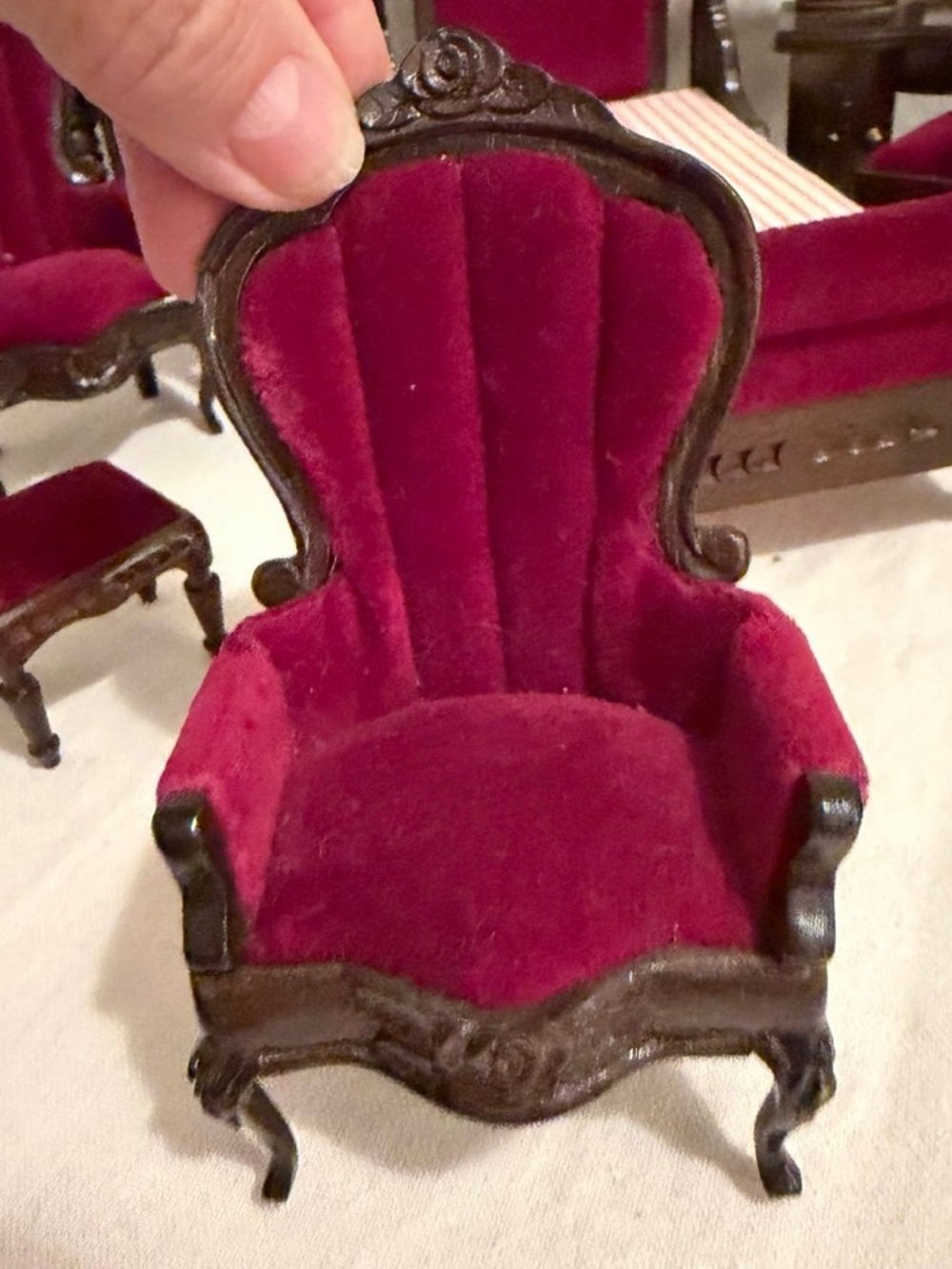 Sonia Messer Miniature Velvet Accent (2) Chairs and stool in Deep Red Wine